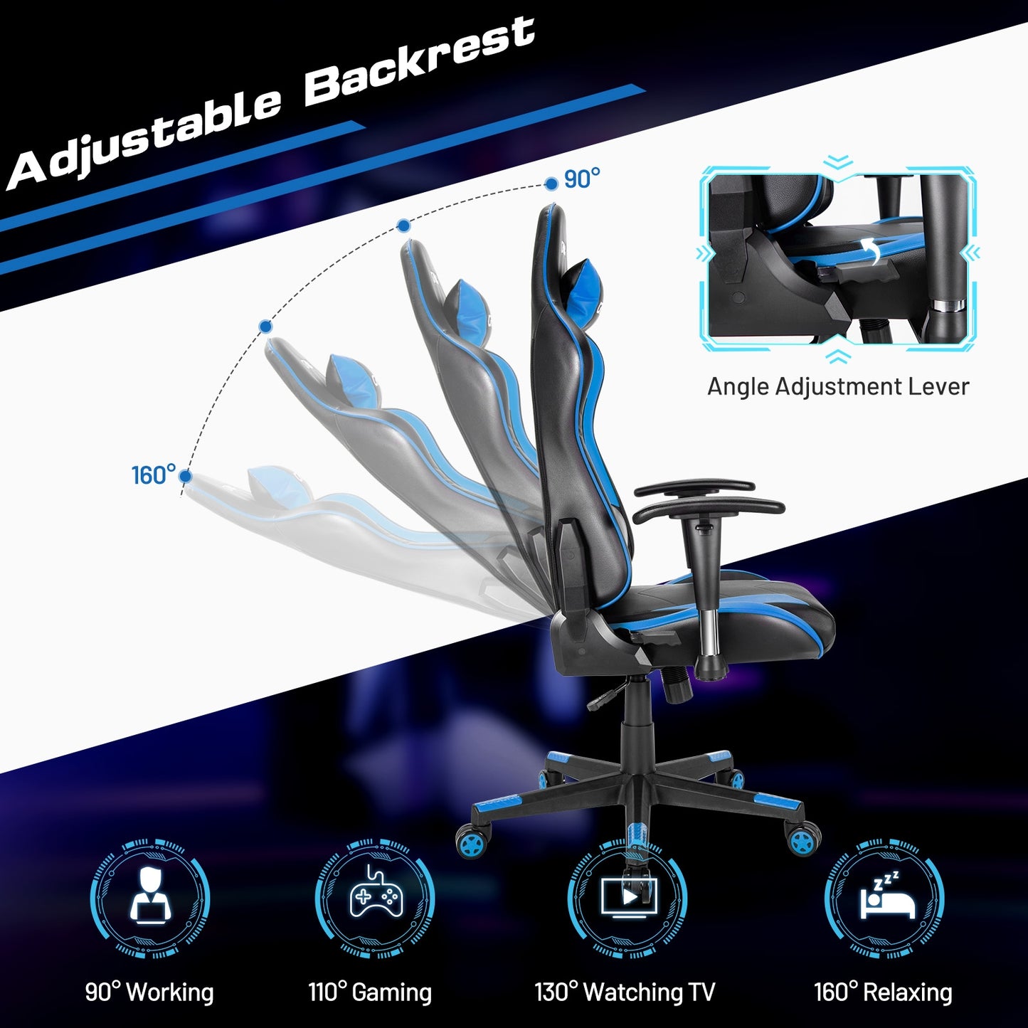 Gaming Chair Adjustable Swivel Racing Style Computer Office Chair-Blue Kids Crystal