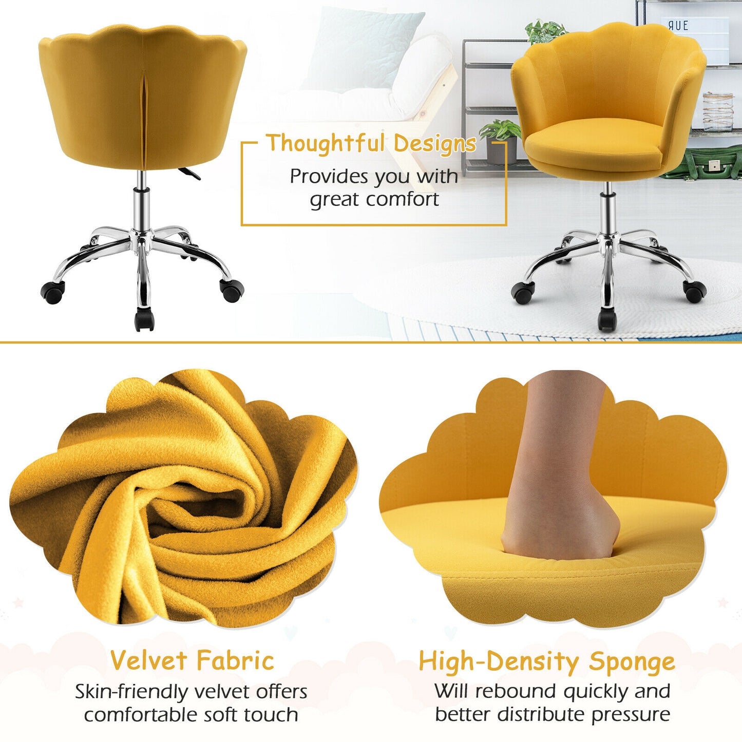 Upholstered Velvet Kids Desk Chair with Wheels and Seashell Back-Yellow Kids Crystal