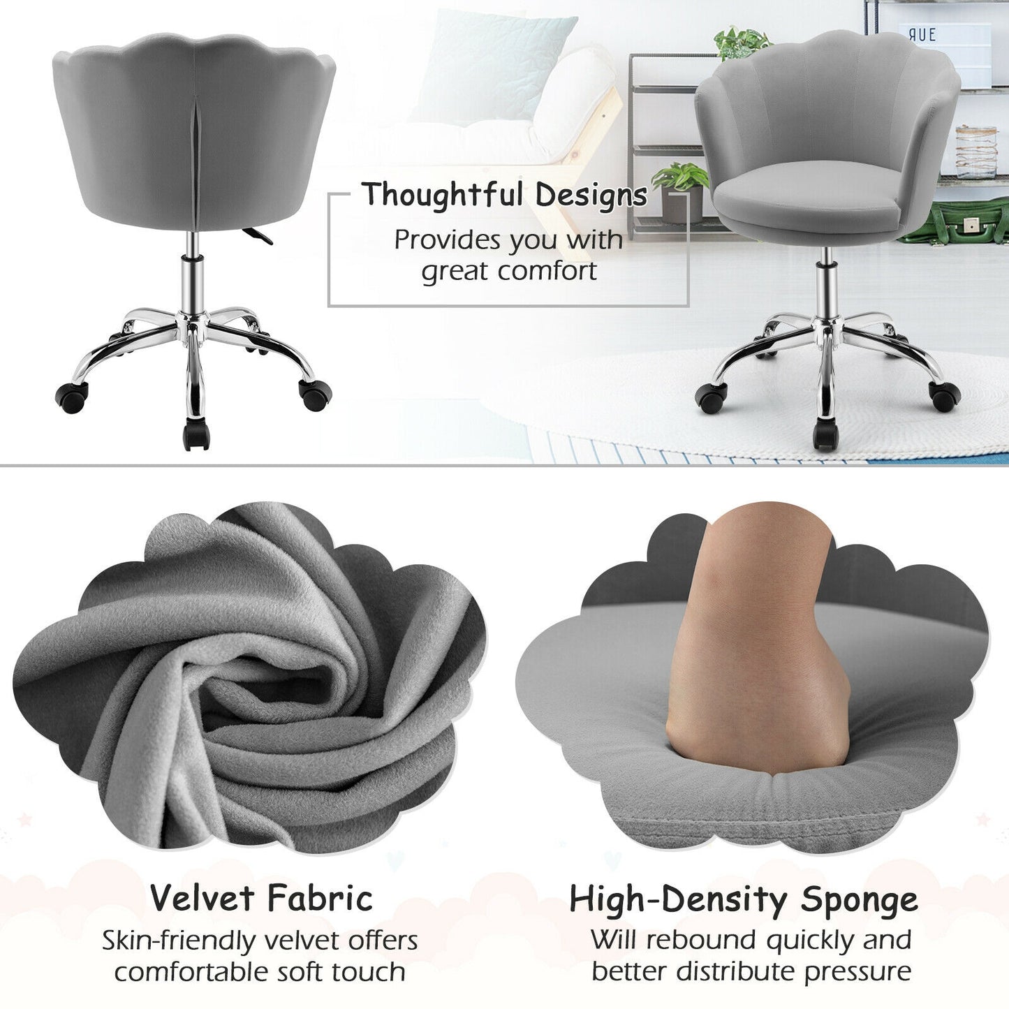 Upholstered Velvet Kids Desk Chair with Wheels and Seashell Back-Gray Kids Crystal