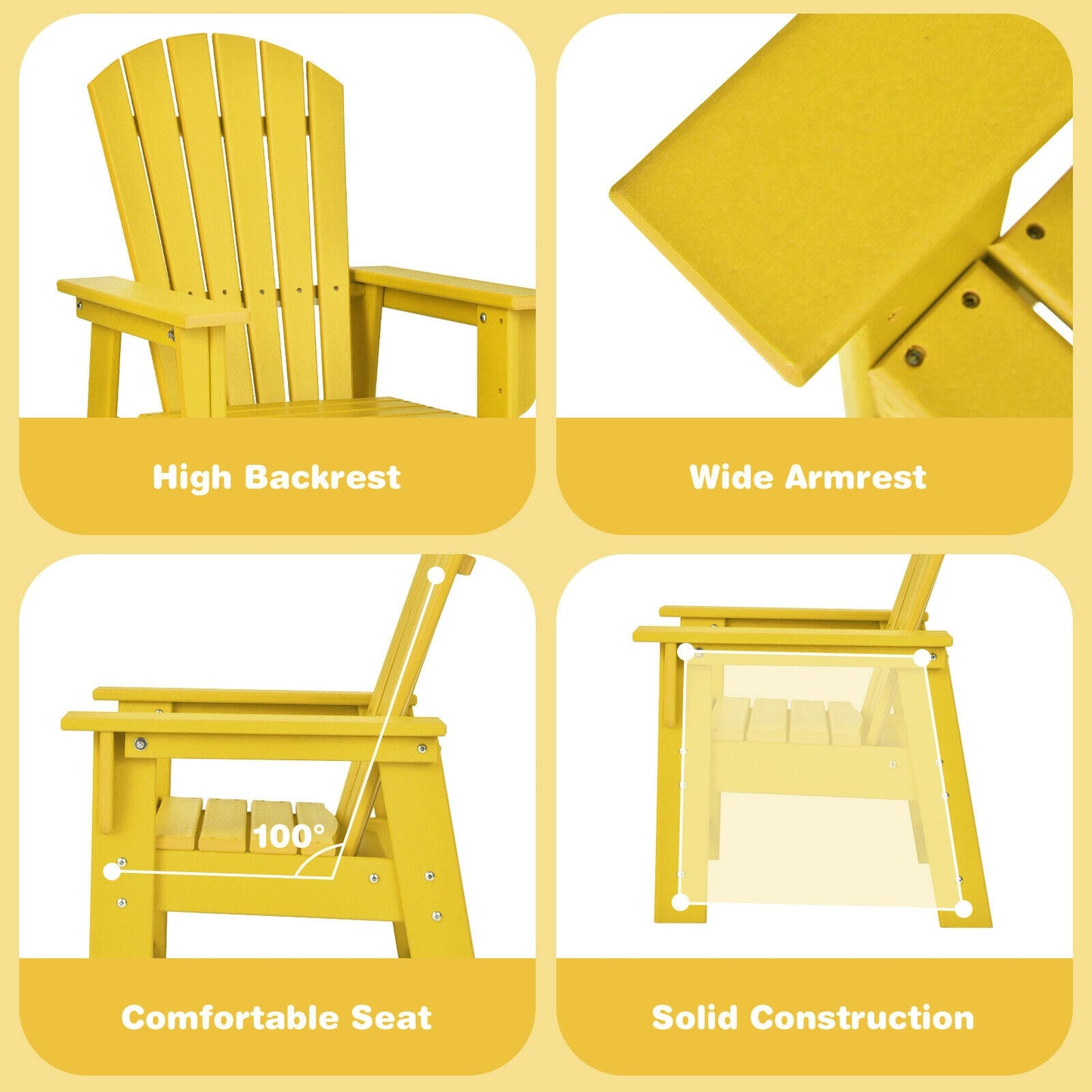Patio Kids' Adirondack Chair with Ergonomic Backrest-Yellow Kids Crystal
