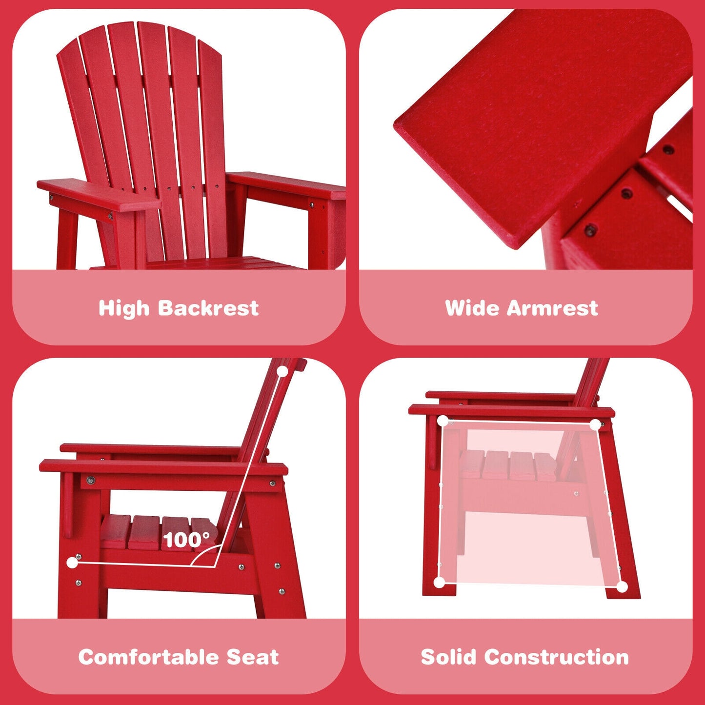 Patio Kids' Adirondack Chair with Ergonomic Backrest-Red Kids Crystal