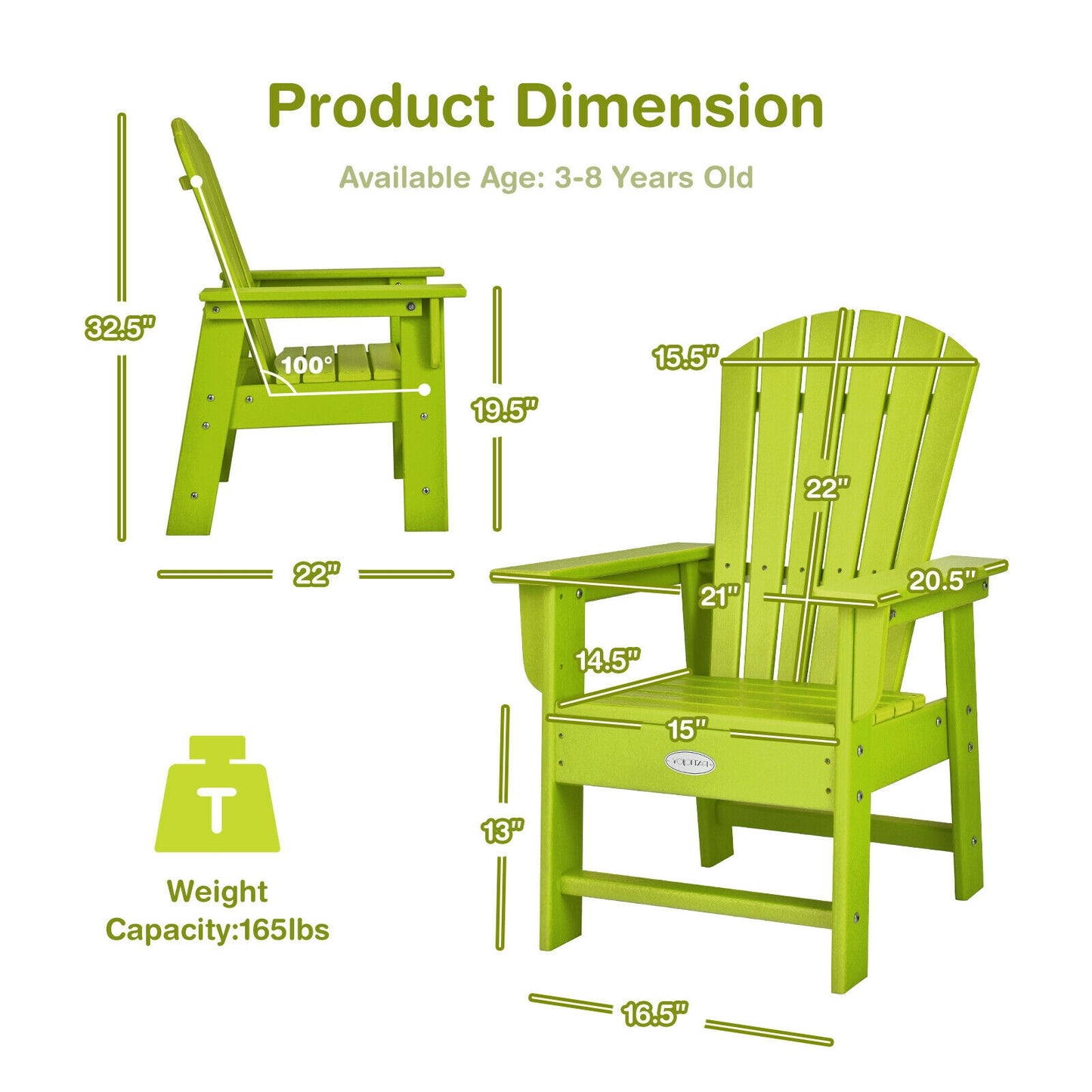Patio Kids' Adirondack Chair with Ergonomic Backrest-Green
