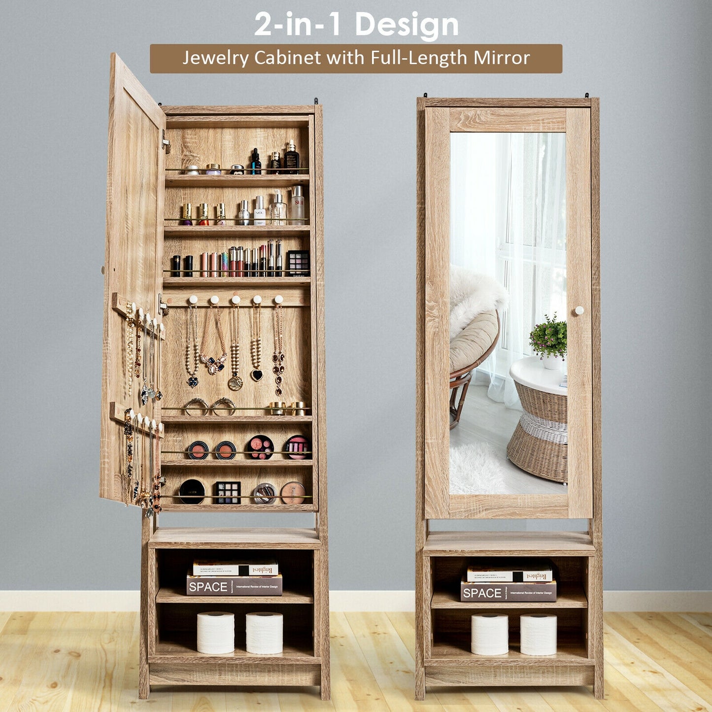 2-in-1 Wooden Cosmetics Storage Cabinet with Full-Length Mirror and Bottom Rack Kids Crystal