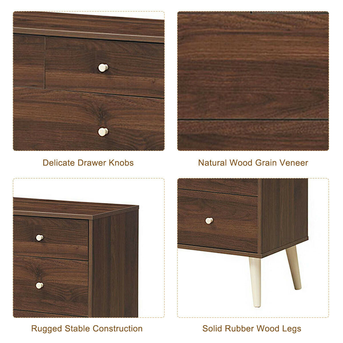 4-Drawer Dresser Cabinet Storage Organizer Rubber Leg with Rail-Walnut Kids Crystal