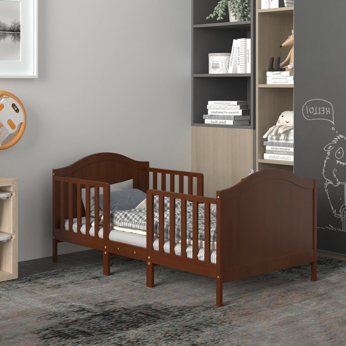 2-in-1 Classic Convertible Wooden Toddler Bed with 2 Side Guardrails for Extra Safety-Brown Kids Crystal