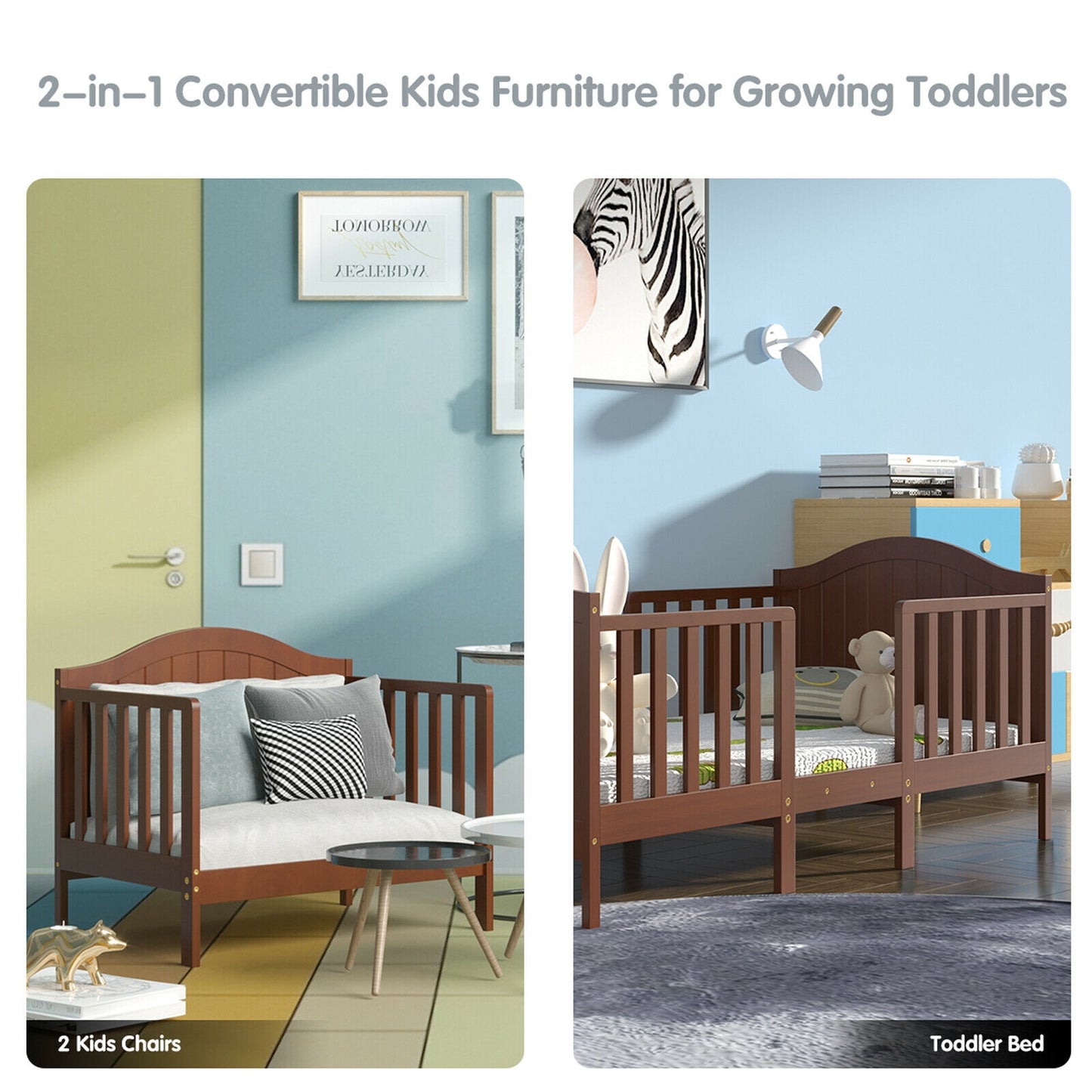 2-in-1 Classic Convertible Wooden Toddler Bed with 2 Side Guardrails for Extra Safety-Brown Kids Crystal