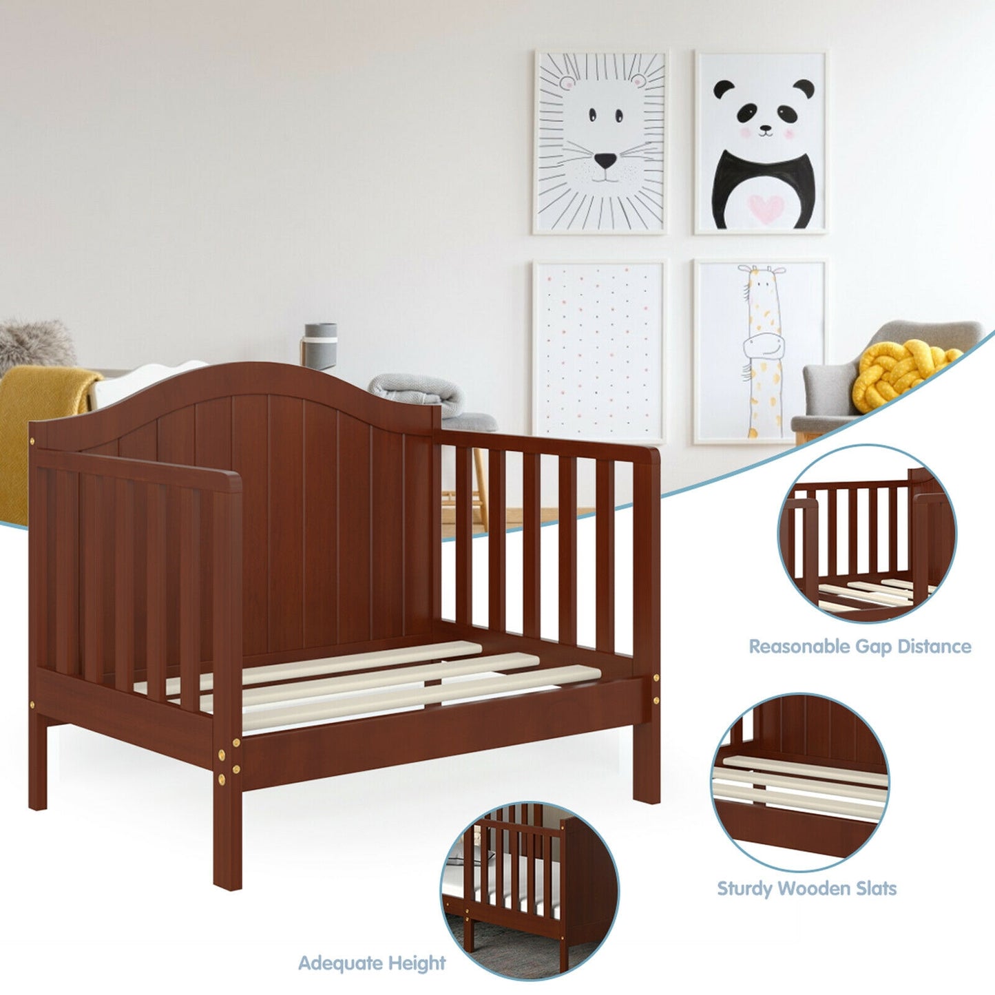 2-in-1 Classic Convertible Wooden Toddler Bed with 2 Side Guardrails for Extra Safety-Brown Kids Crystal