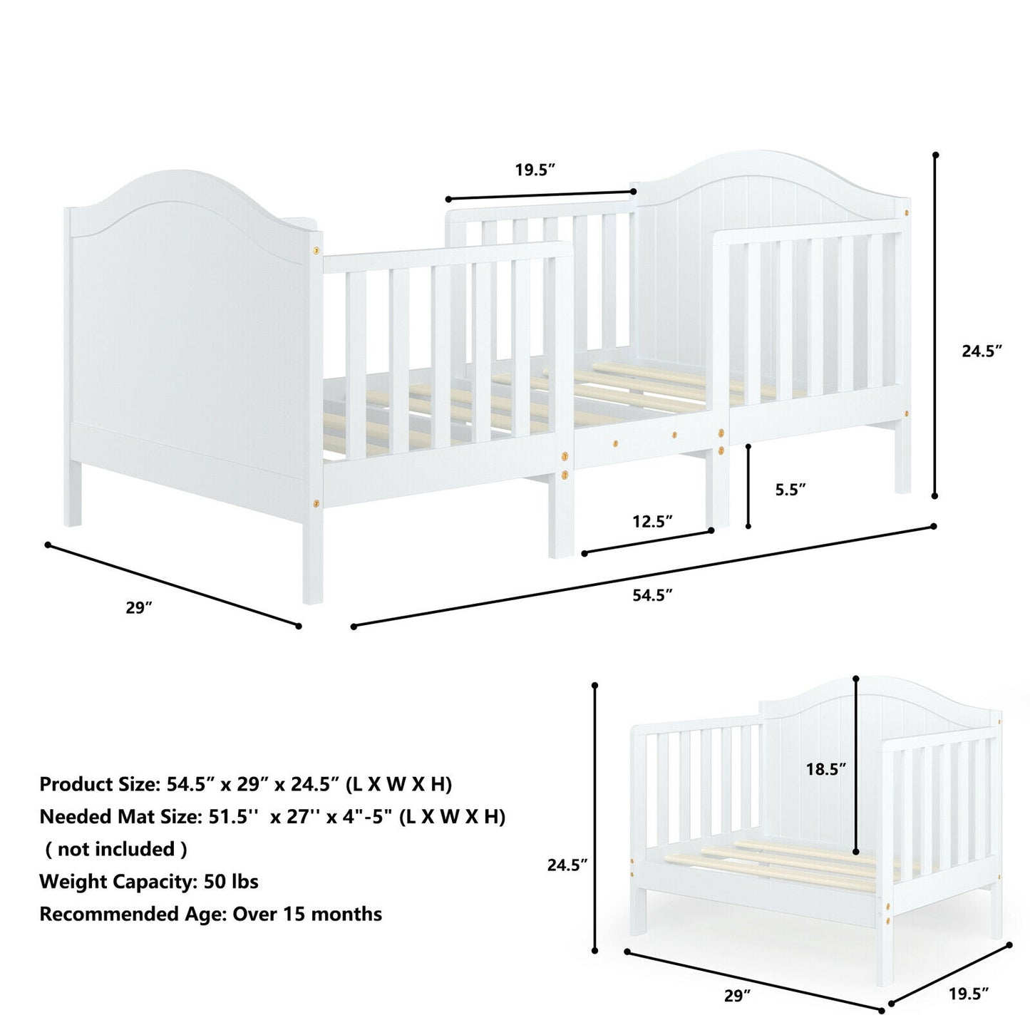 2-in-1 Classic Convertible Wooden Toddler Bed with 2 Side Guardrails for Extra Safety-White Kids Crystal