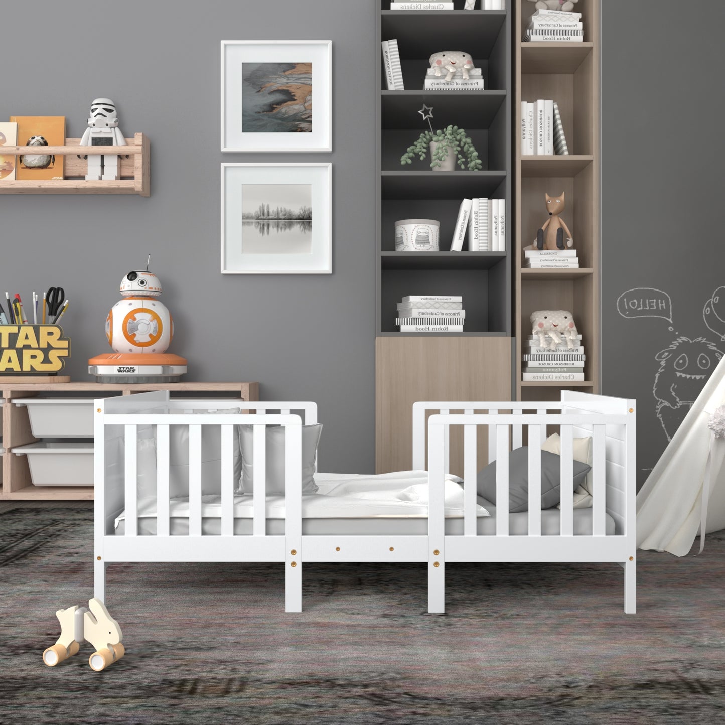 2-in-1 Convertible Kids Wooden Bedroom Furniture with Guardrails-White Kids Crystal