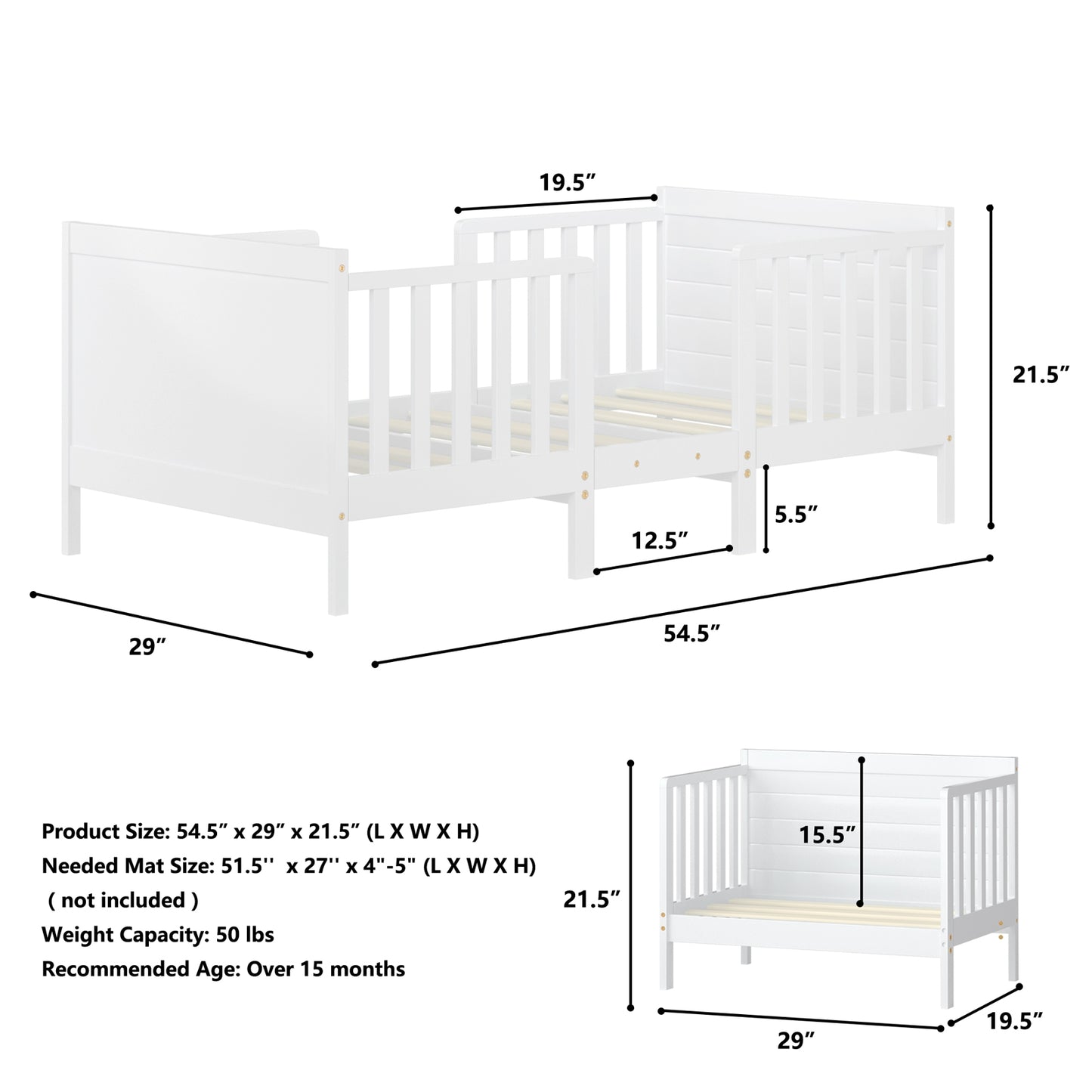 2-in-1 Convertible Kids Wooden Bedroom Furniture with Guardrails-White Kids Crystal
