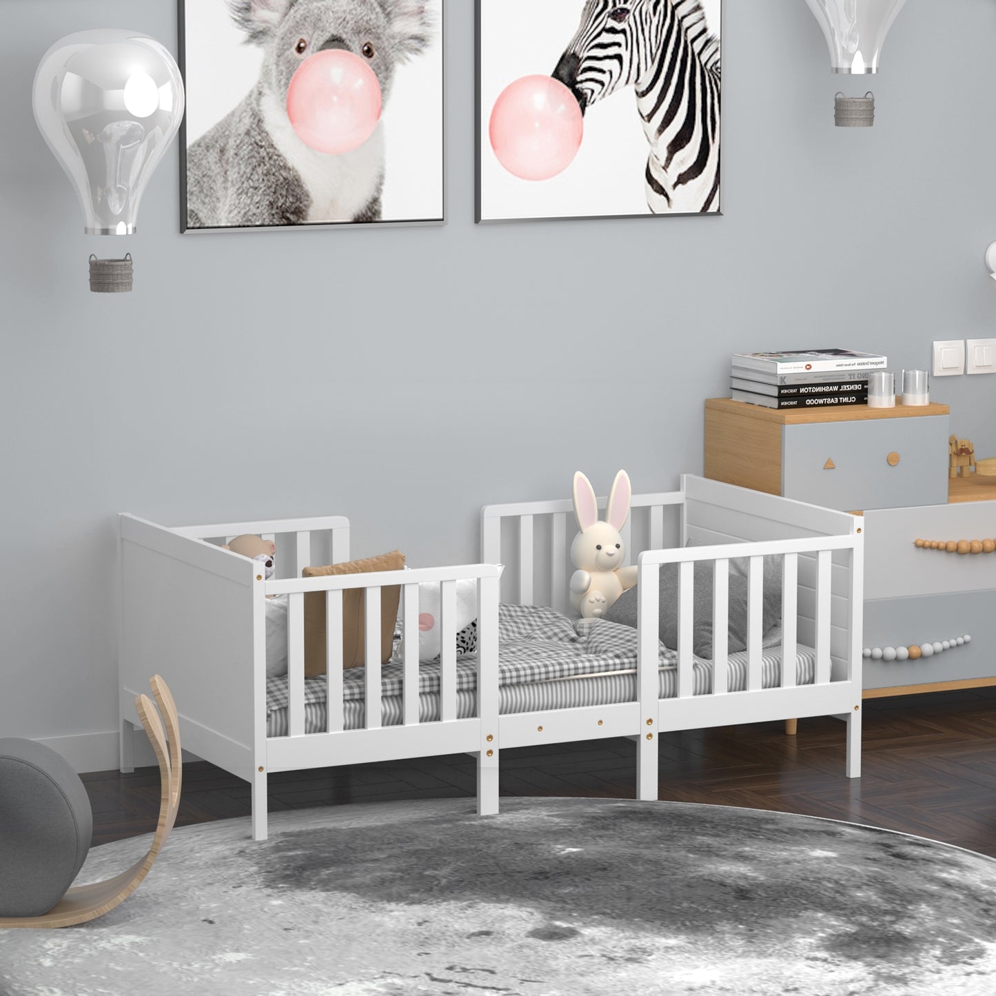 2-in-1 Convertible Kids Wooden Bedroom Furniture with Guardrails-White Kids Crystal