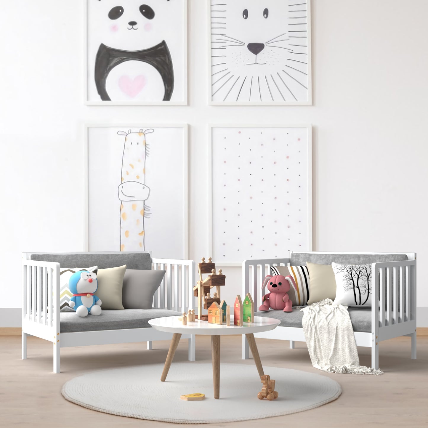 2-in-1 Convertible Kids Wooden Bedroom Furniture with Guardrails-White Kids Crystal