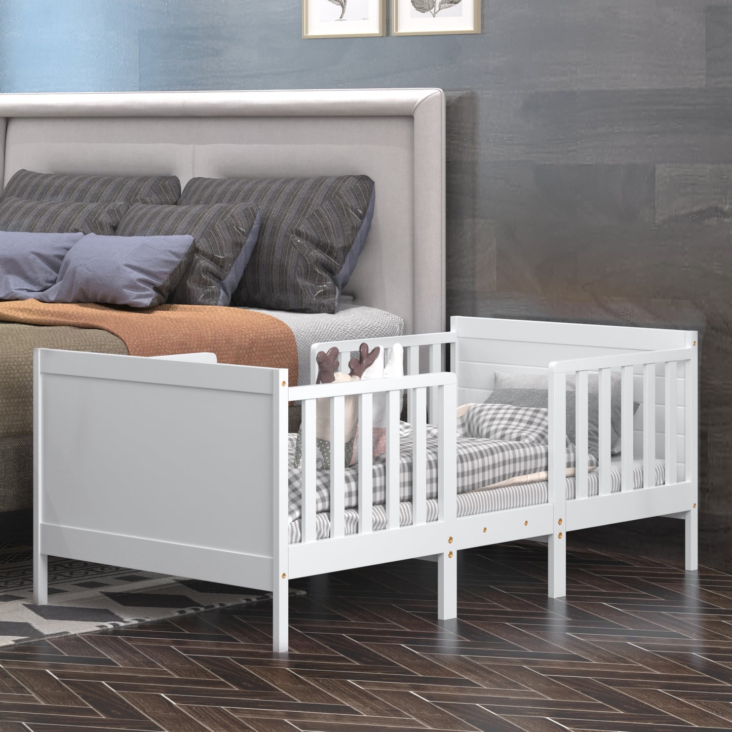 2-in-1 Convertible Kids Wooden Bedroom Furniture with Guardrails-White Kids Crystal
