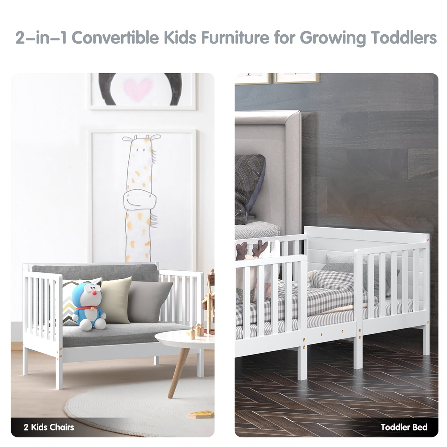 2-in-1 Convertible Kids Wooden Bedroom Furniture with Guardrails-White Kids Crystal
