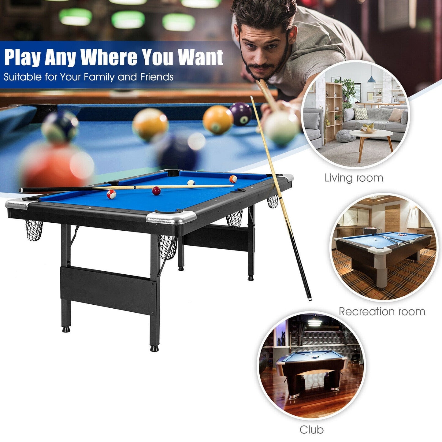 6 Feet Foldable Billiard Pool Table-Blue Kids Crystal