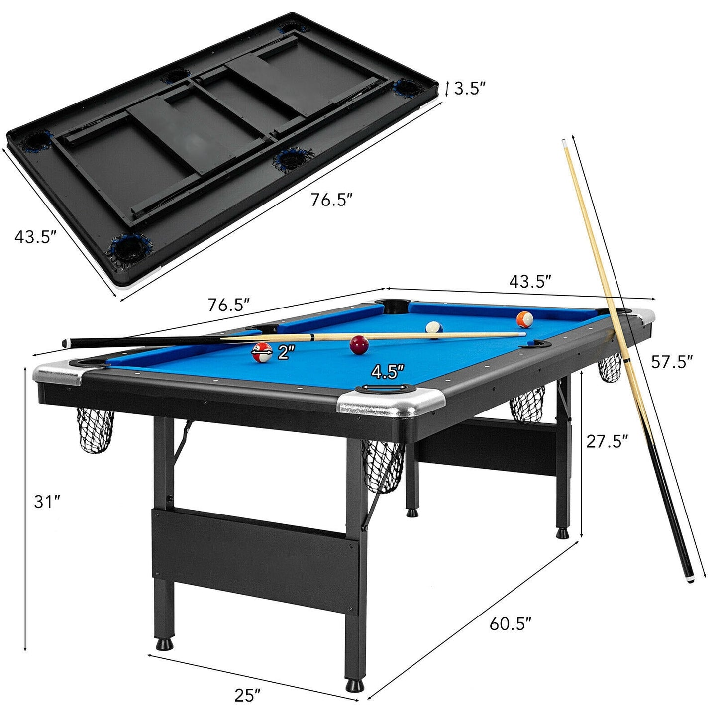 6 Feet Foldable Billiard Pool Table-Blue Kids Crystal