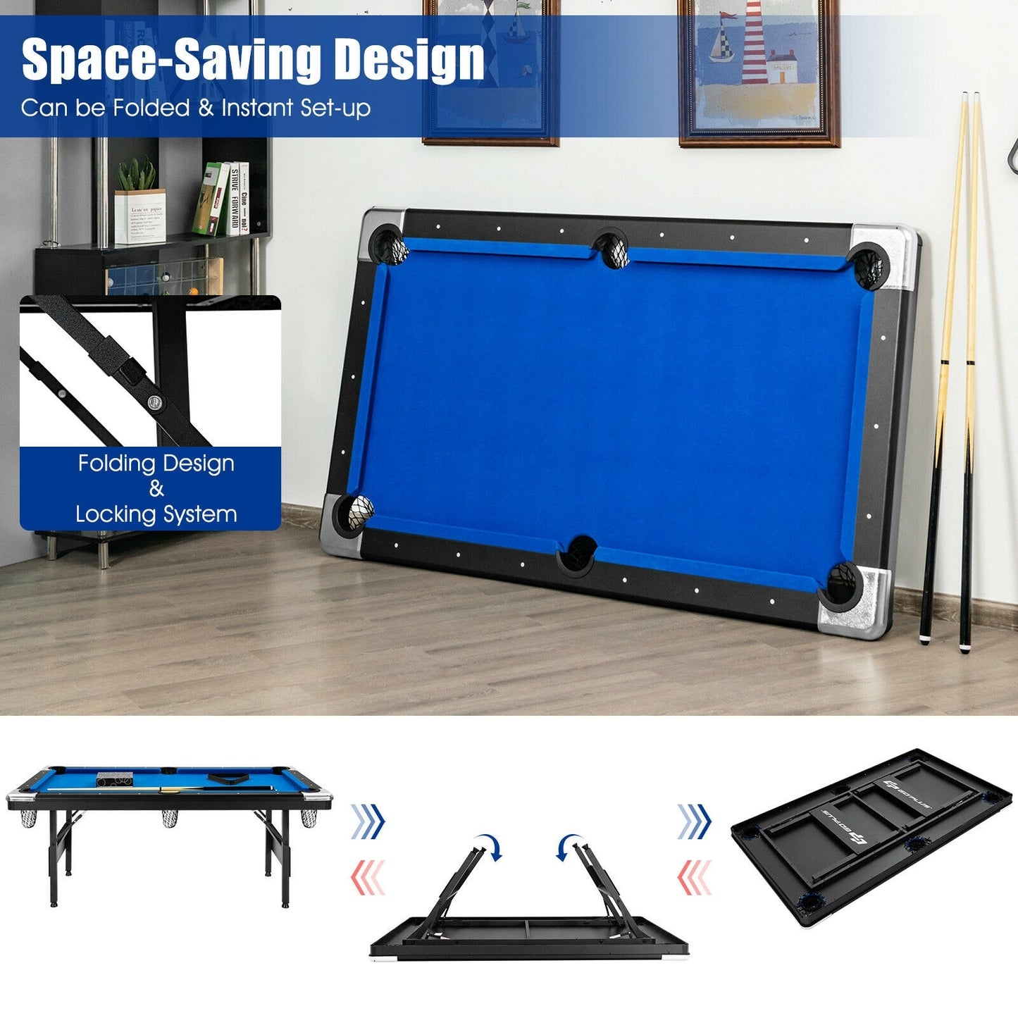 6 Feet Foldable Billiard Pool Table-Blue Kids Crystal
