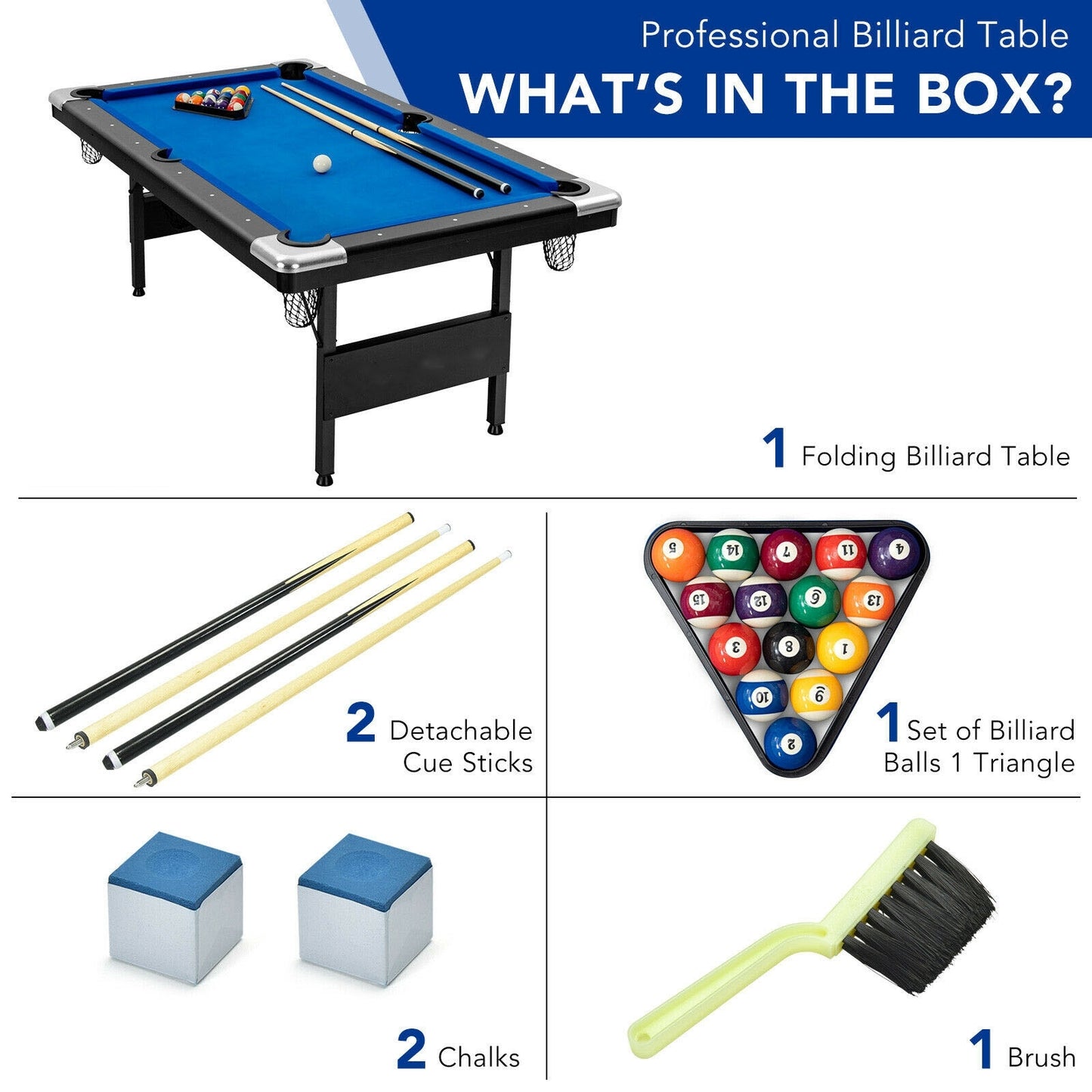 6 Feet Foldable Billiard Pool Table-Blue Kids Crystal