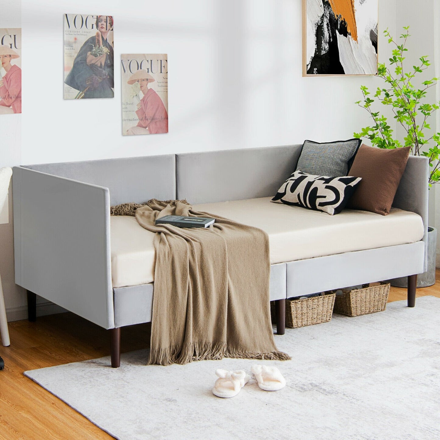 Twin Daybed Heavy Duty Wooden Sofa Bed Frame-Gray Kids Crystal