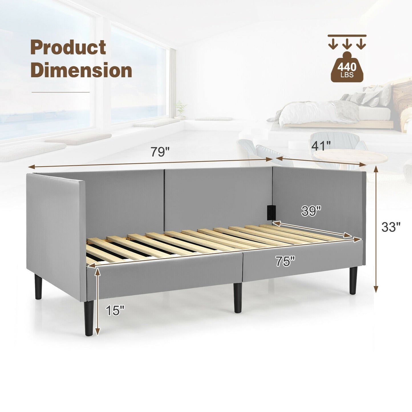 Twin Daybed Heavy Duty Wooden Sofa Bed Frame-Gray Kids Crystal