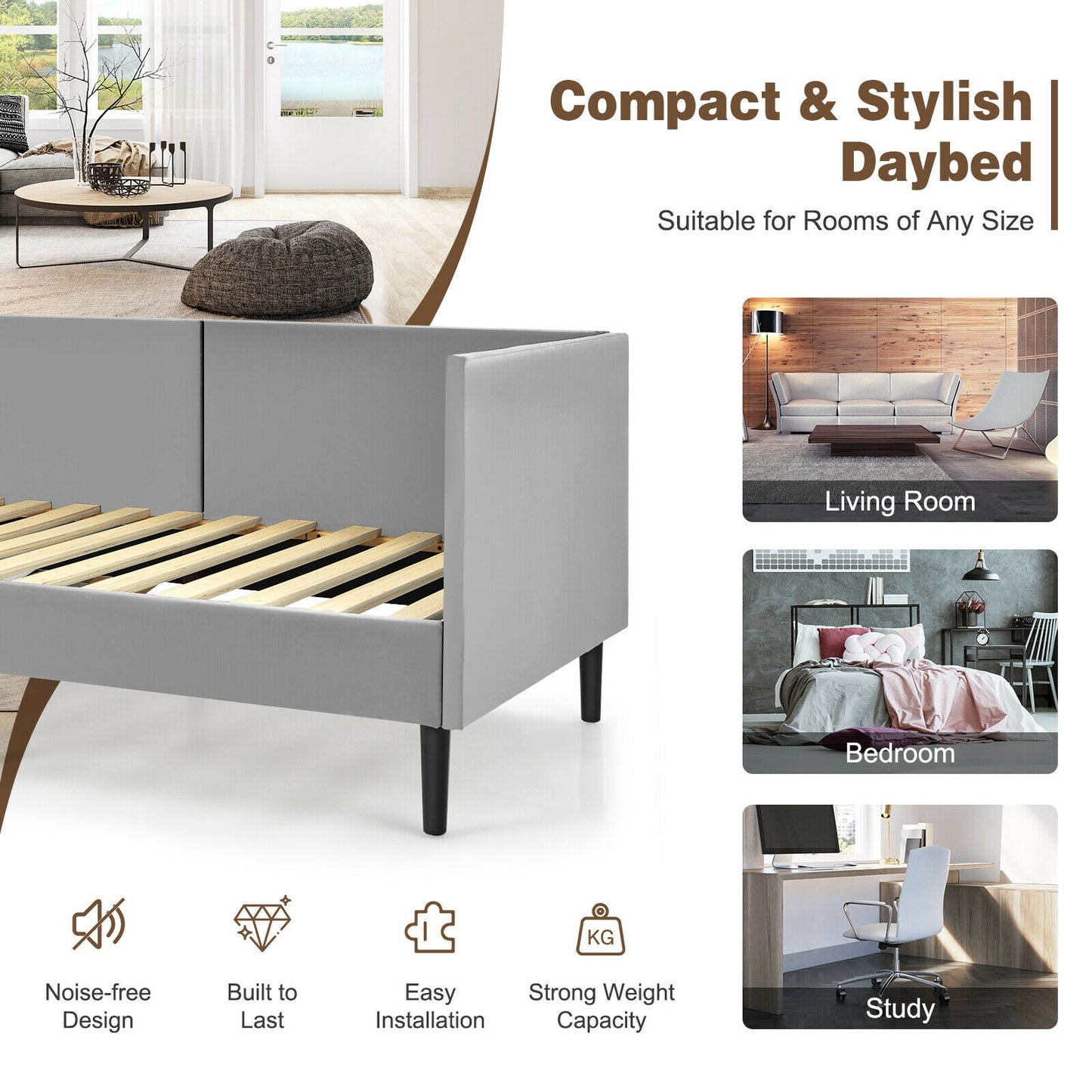 Twin Daybed Heavy Duty Wooden Sofa Bed Frame-Gray Kids Crystal