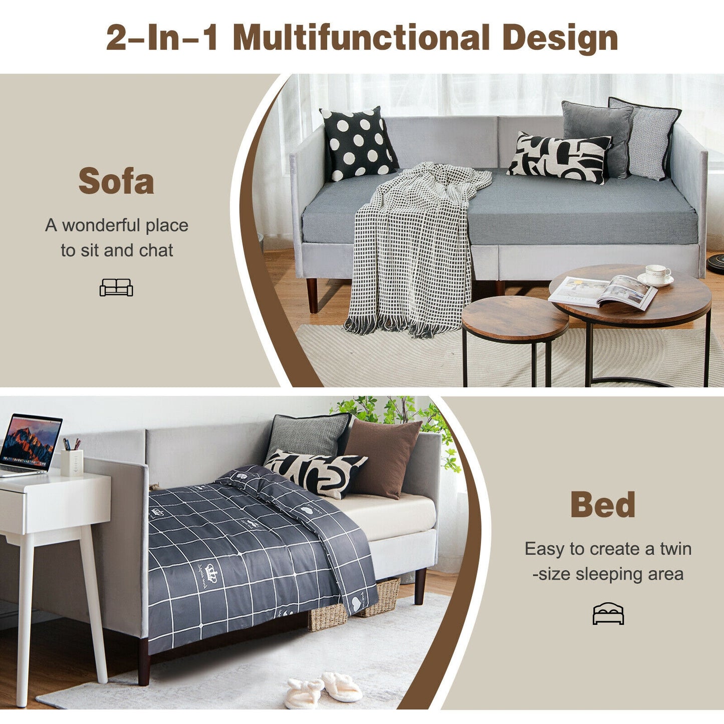 Twin Daybed Heavy Duty Wooden Sofa Bed Frame-Gray Kids Crystal