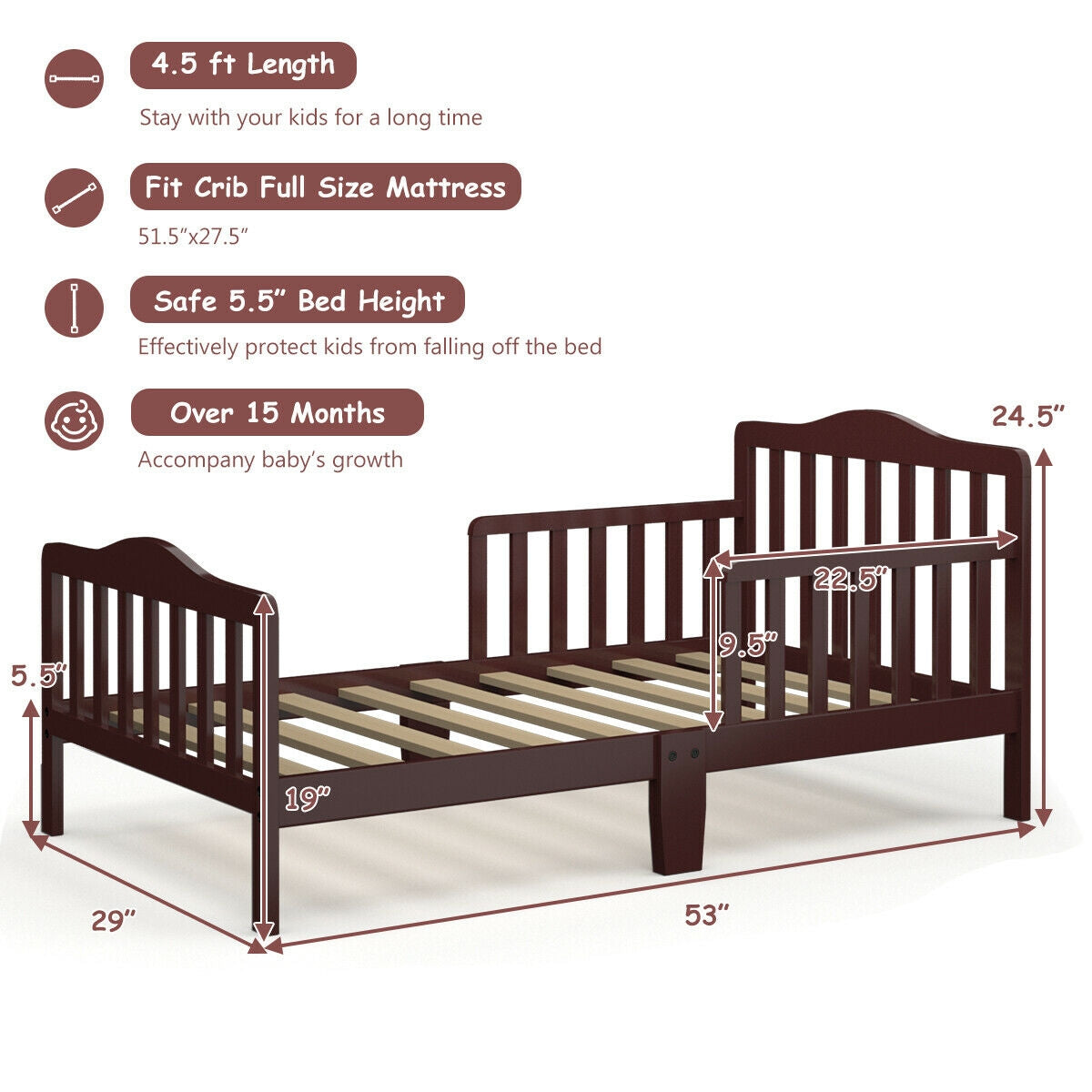 Classic Design Kids Wood Toddler Bed Frame with Two Side Safety Guardrails-Brown Kids Crystal