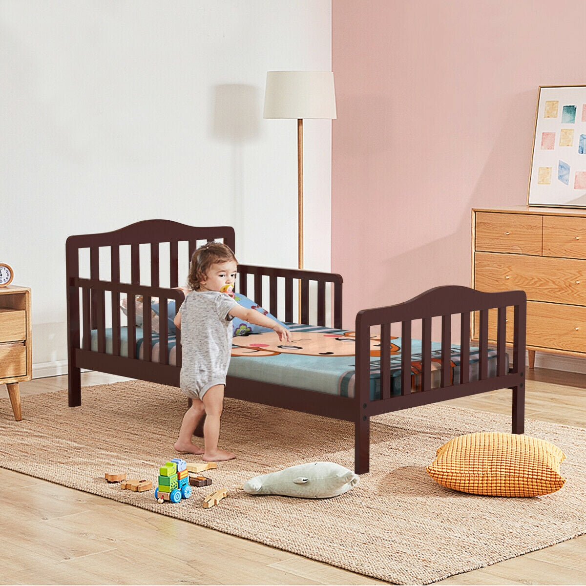 Classic Design Kids Wood Toddler Bed Frame with Two Side Safety Guardrails-Brown Kids Crystal