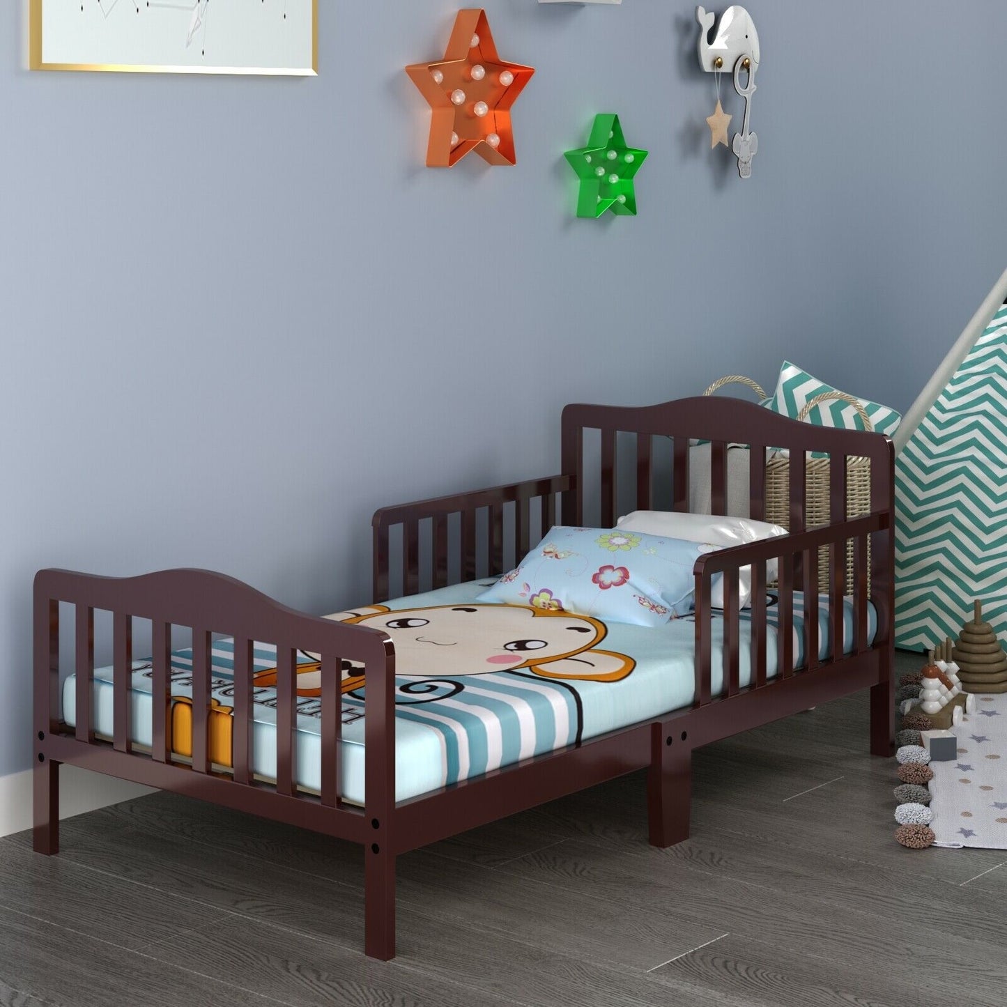 Classic Design Kids Wood Toddler Bed Frame with Two Side Safety Guardrails-Brown Kids Crystal