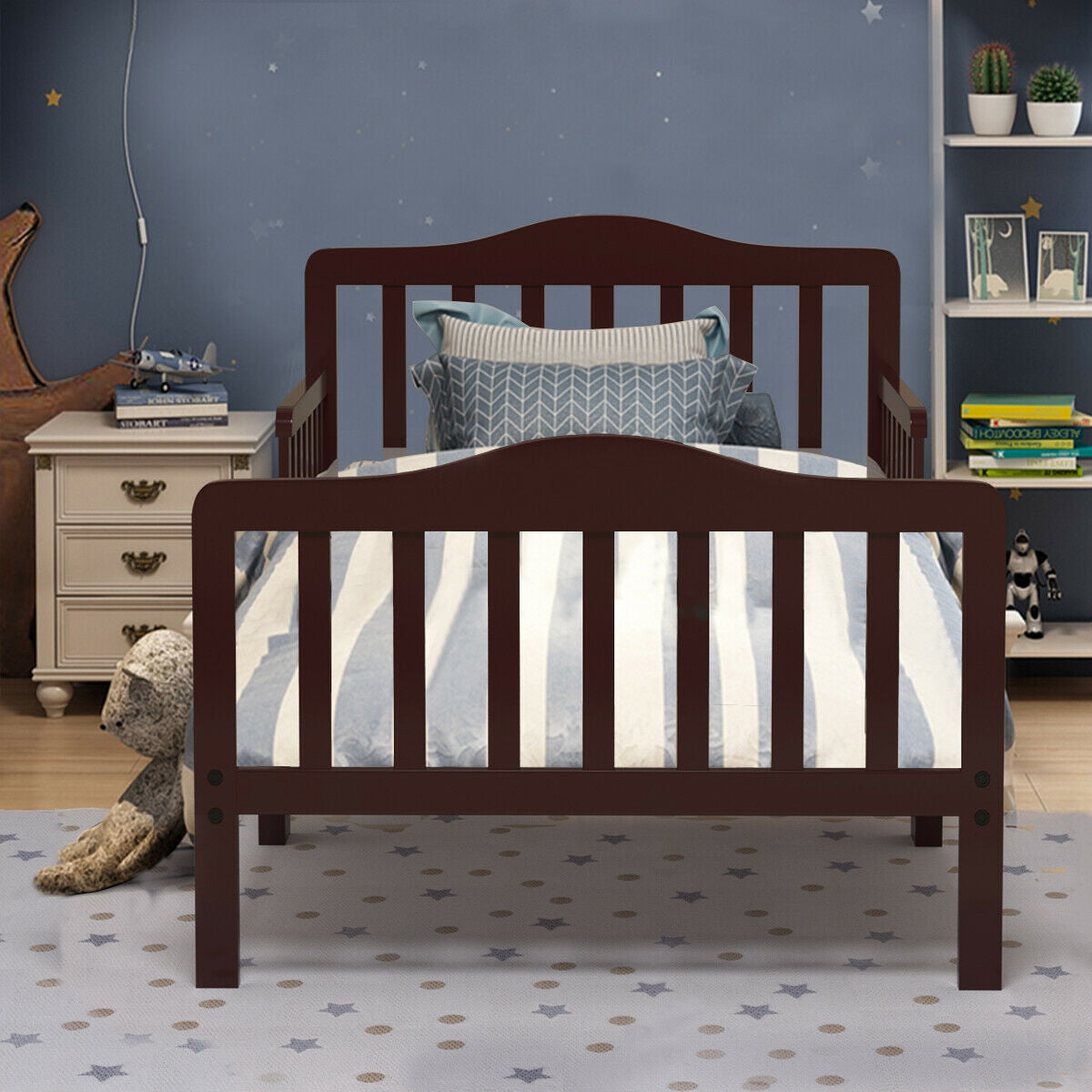 Classic Design Kids Wood Toddler Bed Frame with Two Side Safety Guardrails-Brown Kids Crystal