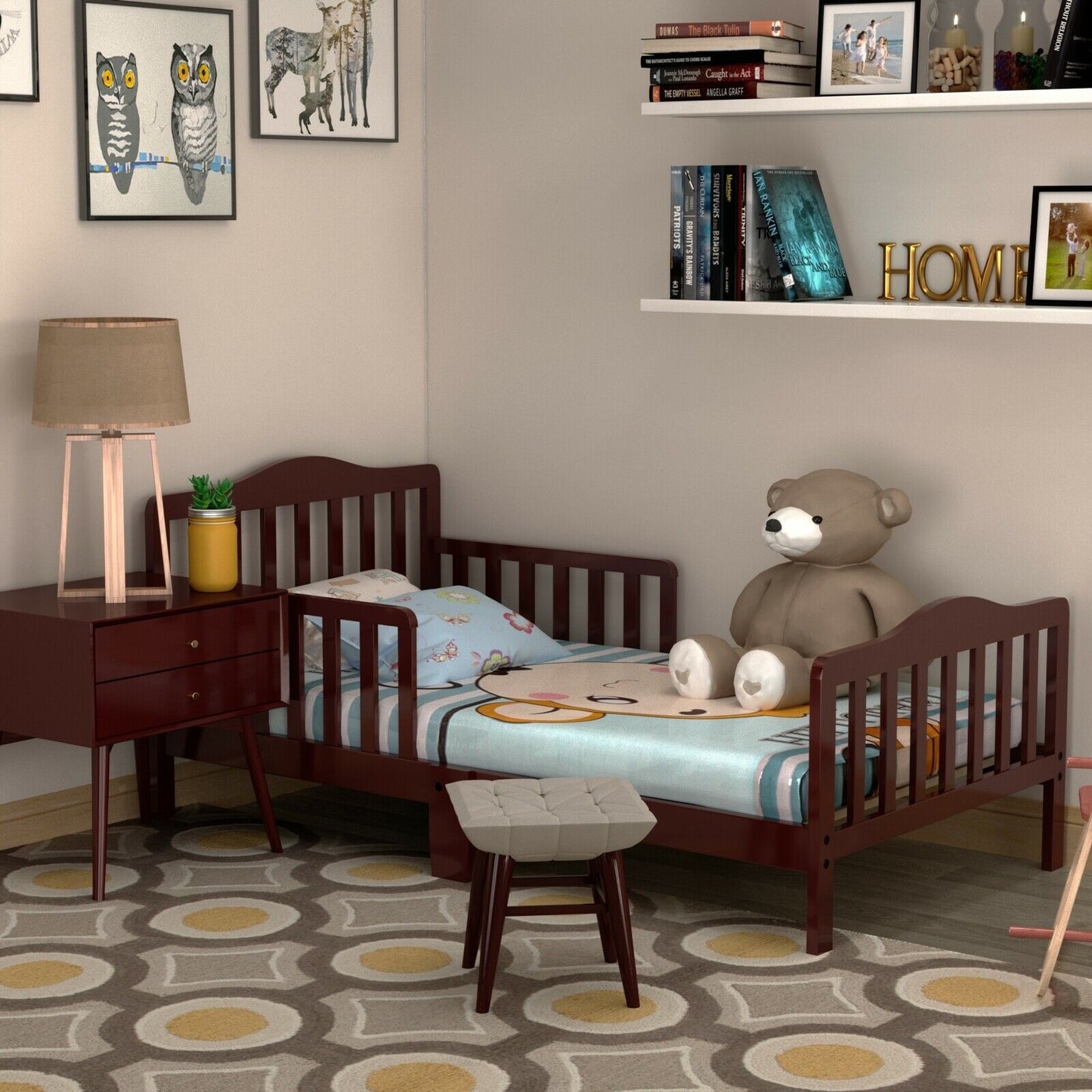 Classic Design Kids Wood Toddler Bed Frame with Two Side Safety Guardrails-Brown Kids Crystal