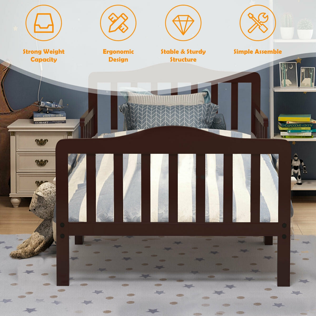 Classic Design Kids Wood Toddler Bed Frame with Two Side Safety Guardrails-Brown Kids Crystal