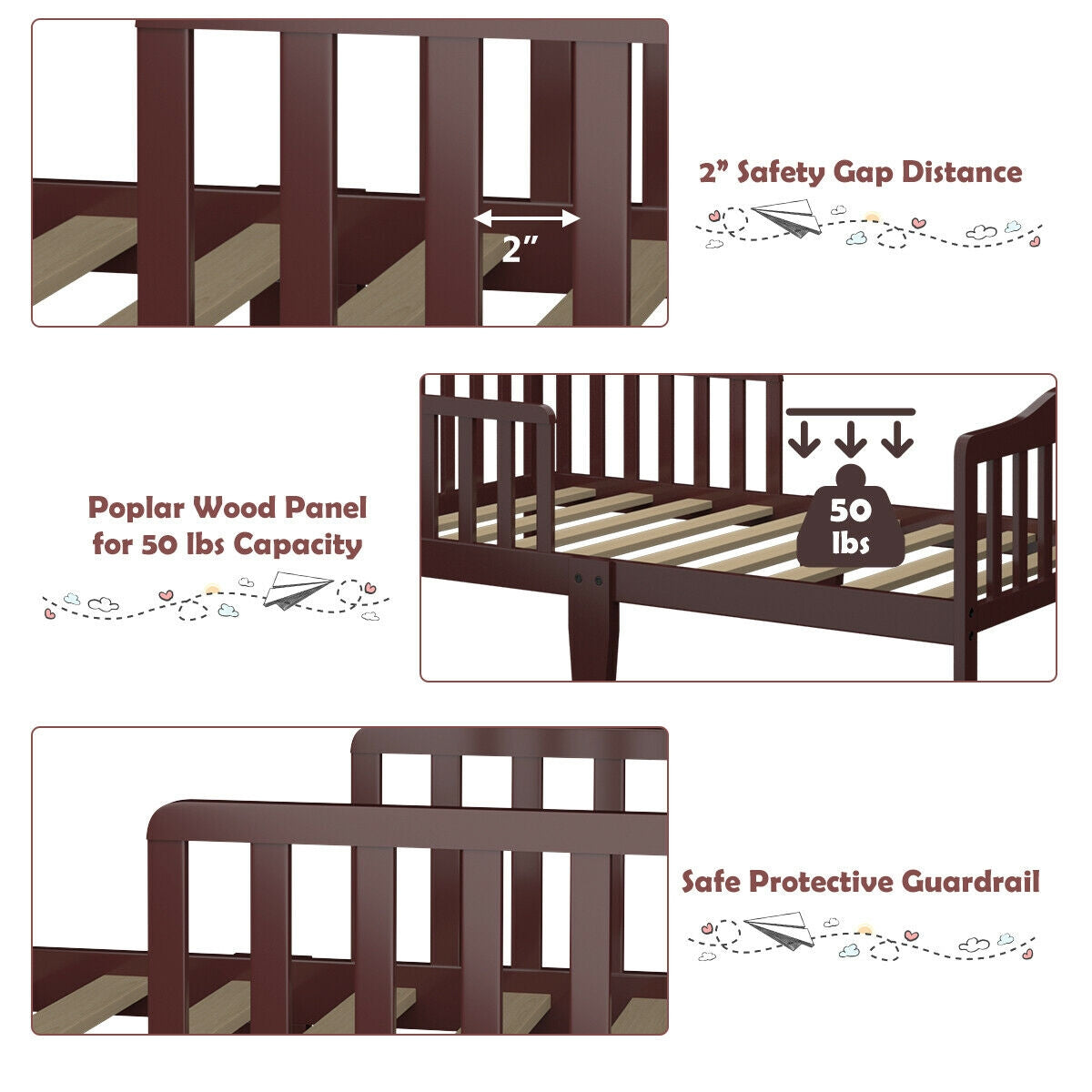 Classic Design Kids Wood Toddler Bed Frame with Two Side Safety Guardrails-Brown Kids Crystal