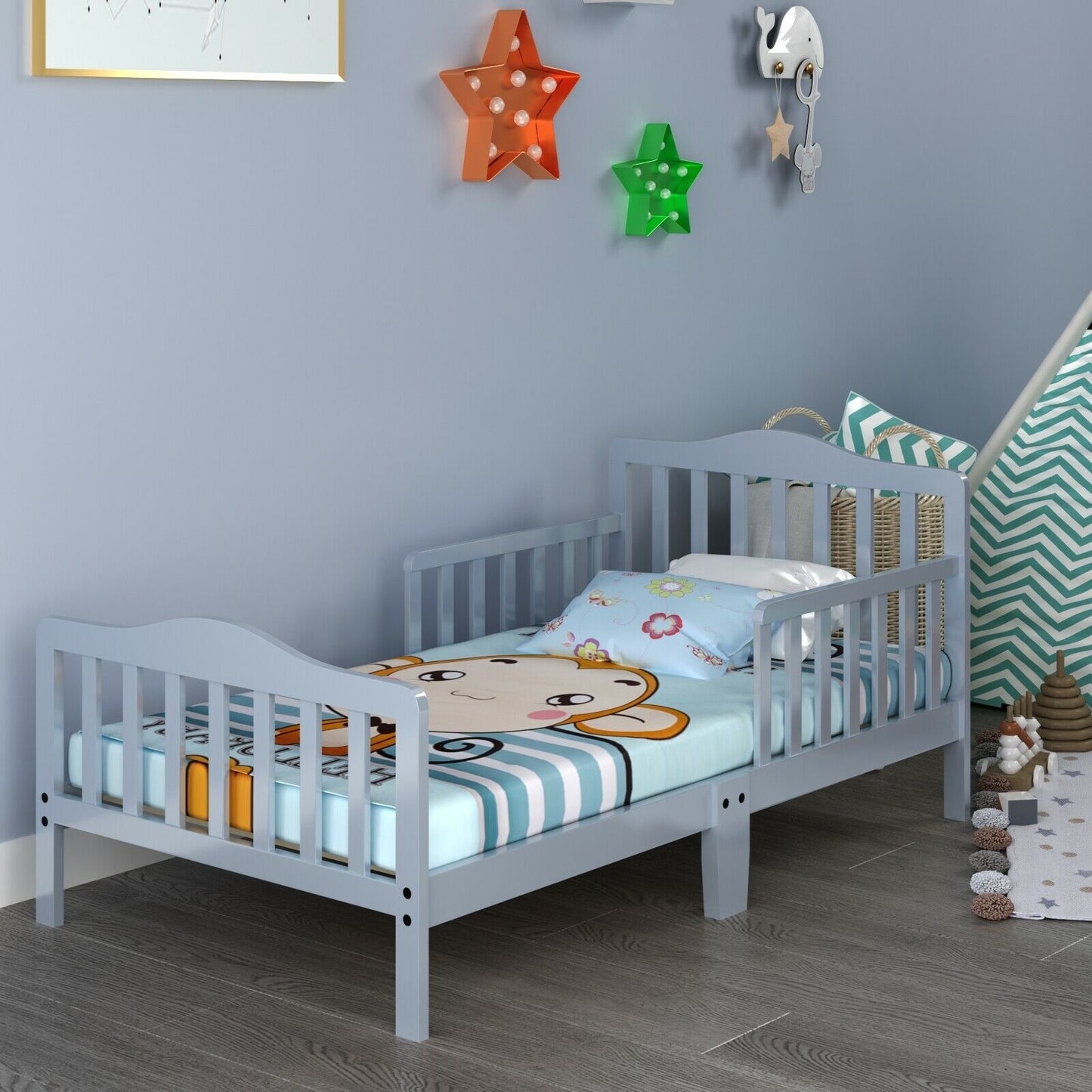 Classic Design Kids Wood Toddler Bed Frame with Two Side Safety Guardrailss-Gray Kids Crystal
