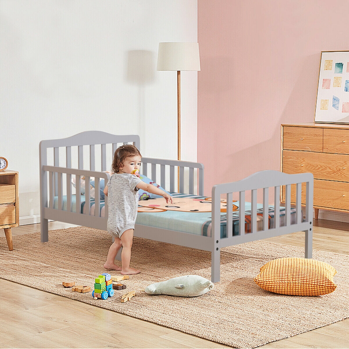 Classic Design Kids Wood Toddler Bed Frame with Two Side Safety Guardrailss-Gray Kids Crystal
