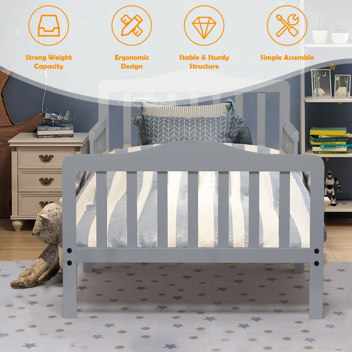 Classic Design Kids Wood Toddler Bed Frame with Two Side Safety Guardrailss-Gray Kids Crystal
