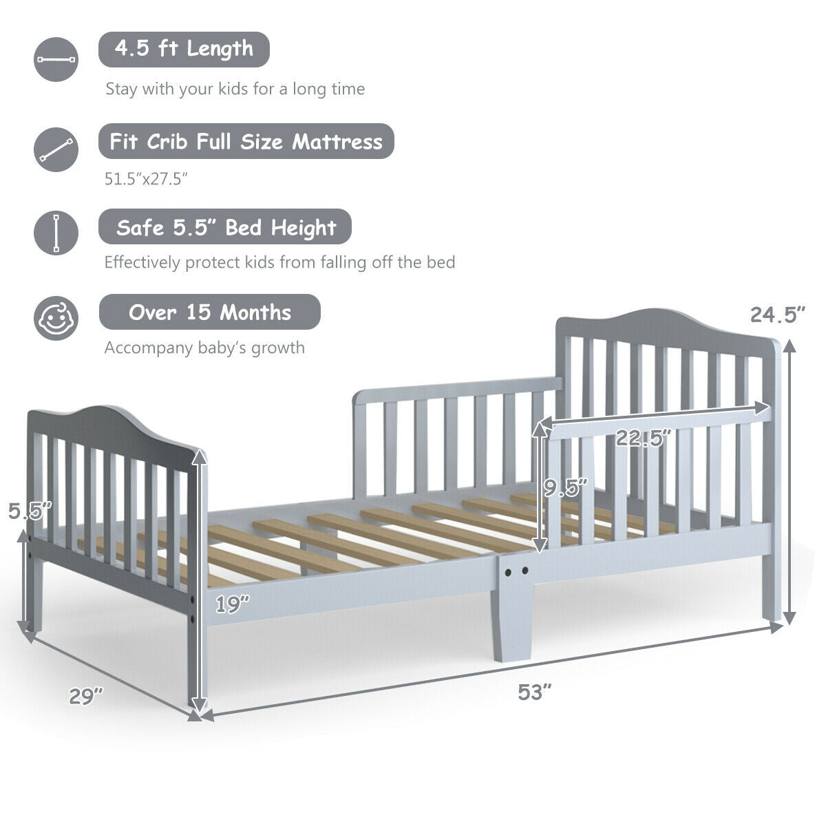 Classic Design Kids Wood Toddler Bed Frame with Two Side Safety Guardrailss-Gray Kids Crystal