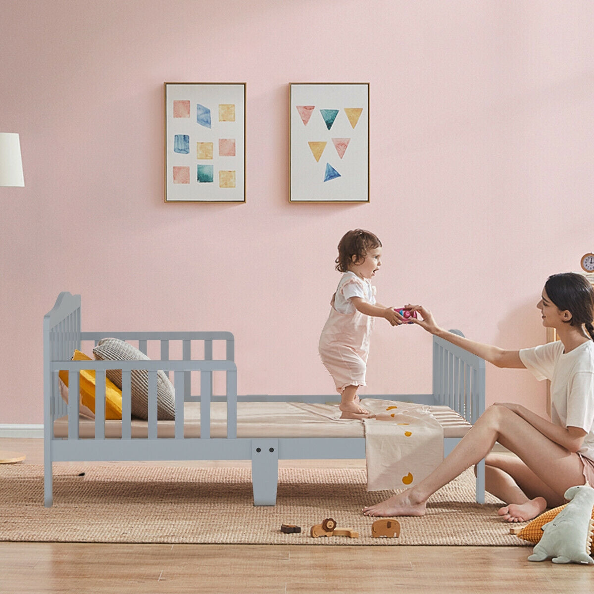 Classic Design Kids Wood Toddler Bed Frame with Two Side Safety Guardrailss-Gray Kids Crystal