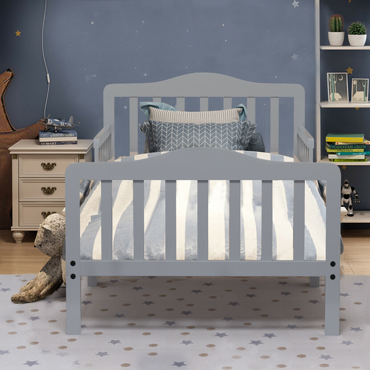 Classic Design Kids Wood Toddler Bed Frame with Two Side Safety Guardrailss-Gray Kids Crystal
