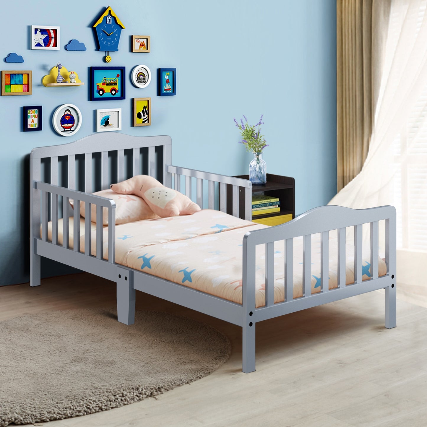 Classic Design Kids Wood Toddler Bed Frame with Two Side Safety Guardrailss-Gray Kids Crystal