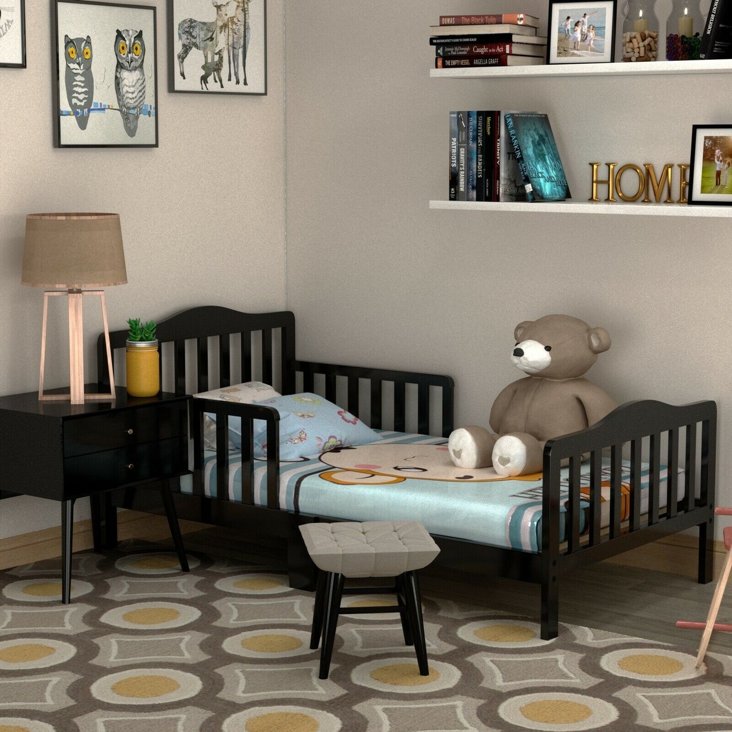Classic Design Kids Wood Toddler Bed Frame with Two Side Safety Guardrails-Black Kids Crystal