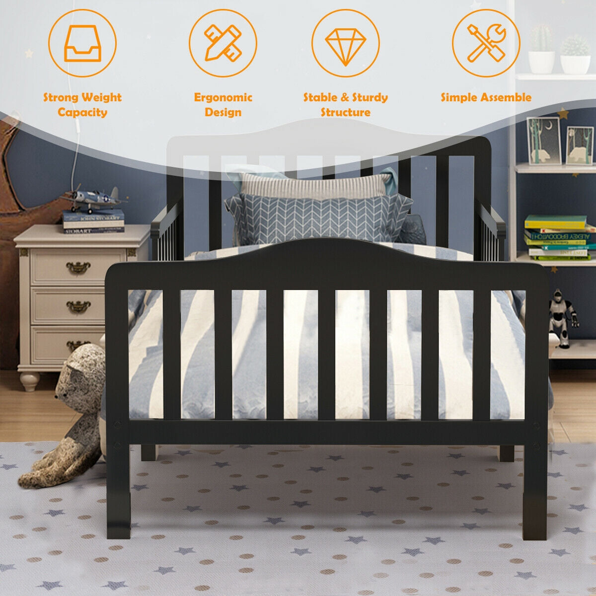 Classic Design Kids Wood Toddler Bed Frame with Two Side Safety Guardrails-Black Kids Crystal