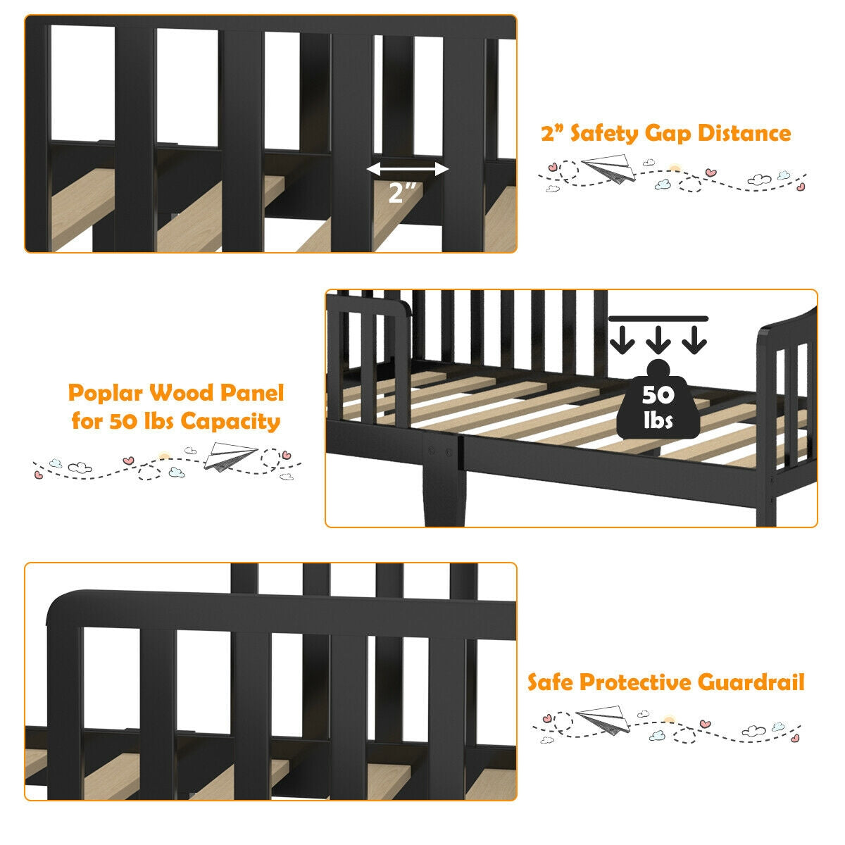 Classic Design Kids Wood Toddler Bed Frame with Two Side Safety Guardrails-Black Kids Crystal