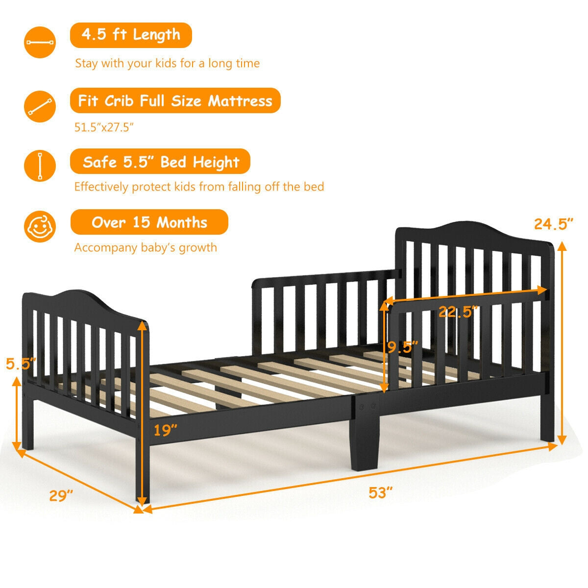 Classic Design Kids Wood Toddler Bed Frame with Two Side Safety Guardrails-Black Kids Crystal