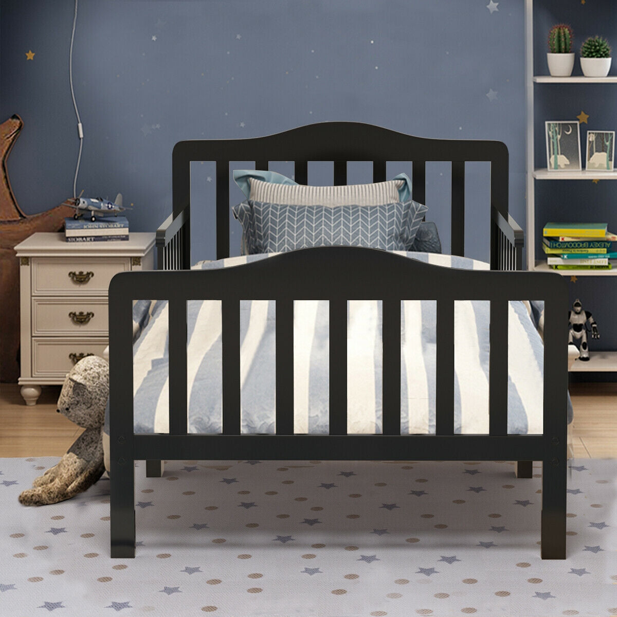 Classic Design Kids Wood Toddler Bed Frame with Two Side Safety Guardrails-Black Kids Crystal
