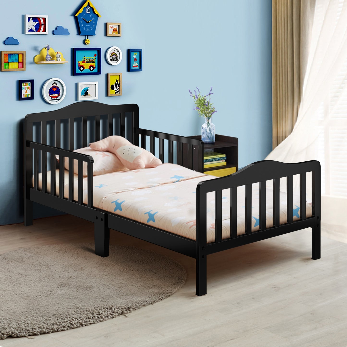 Classic Design Kids Wood Toddler Bed Frame with Two Side Safety Guardrails-Black Kids Crystal