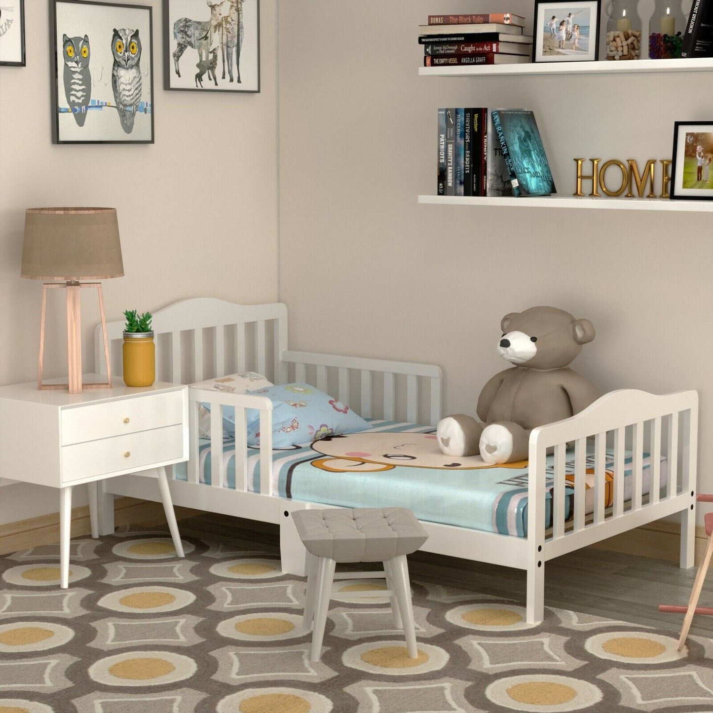 Classic Design Kids Wood Toddler Bed Frame with Two Side Safety Guardrails-White Kids Crystal