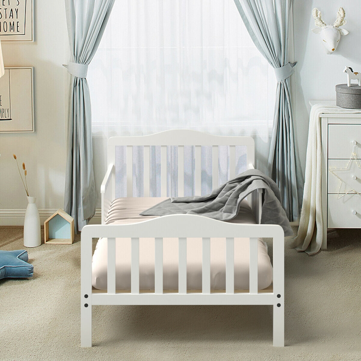 Classic Design Kids Wood Toddler Bed Frame with Two Side Safety Guardrails-White Kids Crystal