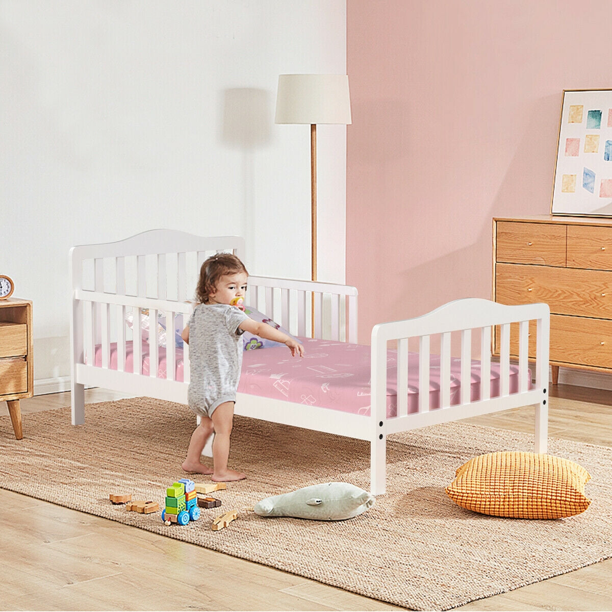 Classic Design Kids Wood Toddler Bed Frame with Two Side Safety Guardrails-White Kids Crystal