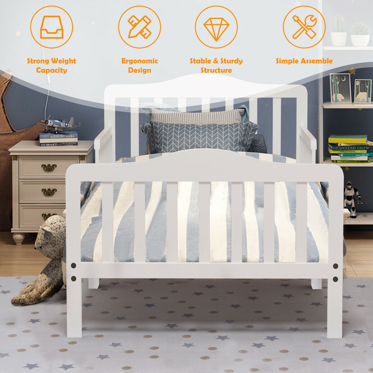 Classic Design Kids Wood Toddler Bed Frame with Two Side Safety Guardrails-White Kids Crystal